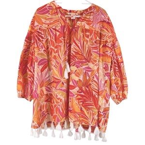 C&C California Tropical Floral Beaded Tassels Peasant Top Coverup Sz L